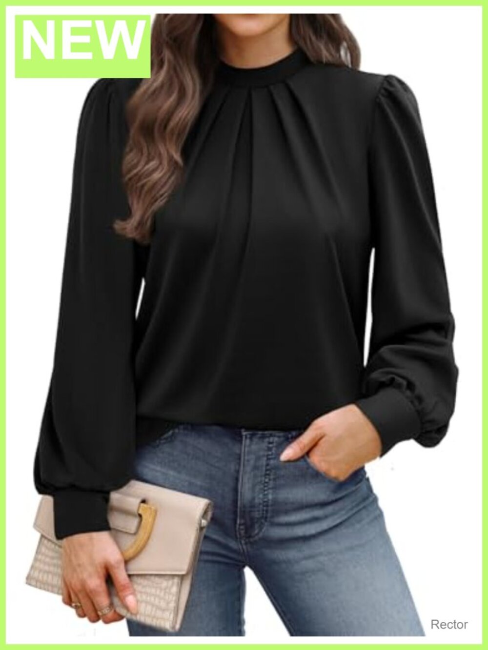 Womens Mock Neck Blouse Pleated Front Puff Long Sleeve Dressy Casual Top